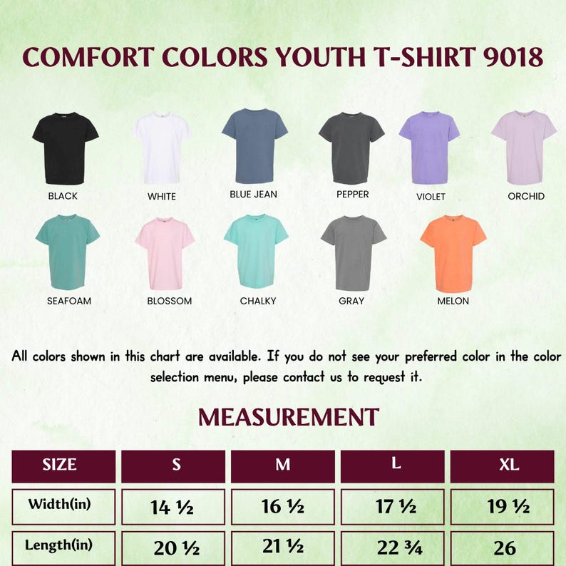 Pu&ograve; includere: Una tabella colori per t-shirt Comfort Colors da ragazzo, modello 9018, che mostra colori come nero, bianco, blu jeans, pepe, viola e orchidea. Le misure in cm sono fornite per le taglie S-XL, con larghezze da 36.8 cm a 49.5 cm.