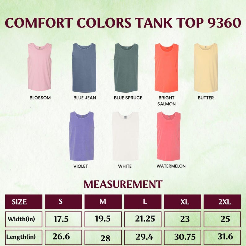 Pu&ograve; includere: Esposizione di canotte Comfort Colors 9360 in vari colori, tra cui Blossom, Blue Jean e Bright Salmon. Le misure sono fornite per le taglie dalla S alla 2XL, con larghezze da 44,45 cm a 63,5 cm e lunghezze da 67,56 cm a 80,26 cm.