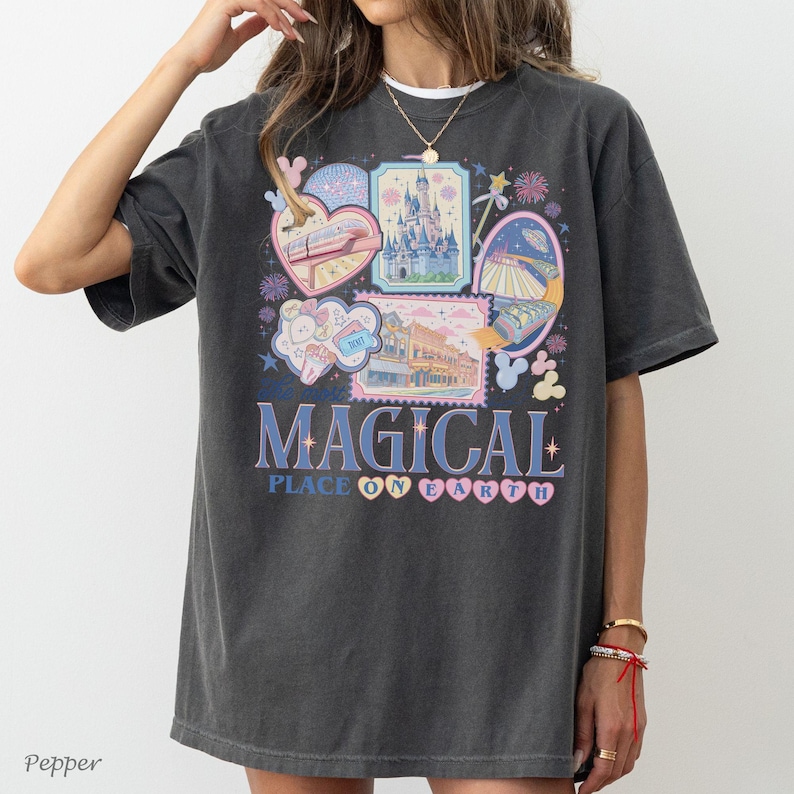 Pu&ograve; includere: T-shirt grigio scuro con un design grafico colorato. Il design include il testo "MAGICAL PLACE ON EARTH" e varie illustrazioni di un castello, un treno e altri elementi del parco a tema.
