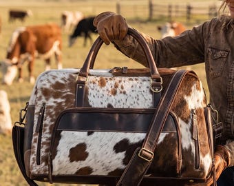 Personalized Cowhide Leather Duffel | Hair-On Hide Travel Bag | Western Weekender Bag | 22" Rustic Overnight Gym Bag for Men & Women | HLC