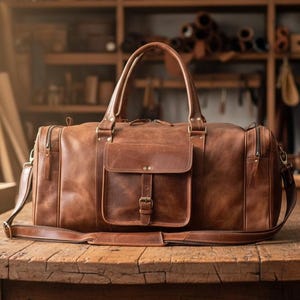 May include: A brown leather duffel bag with a front pocket and top handles sits on a wooden table. The bag has a shoulder strap and a zippered main compartment. The background shows a workshop with shelves and tools.