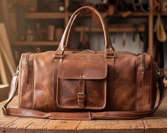 Handmade Buffalo Leather Duffel Bag for Men & Women | Genuine Leather Large Weekender Gym Overnight Rustic Travel Bag | HLCLeatherCraft