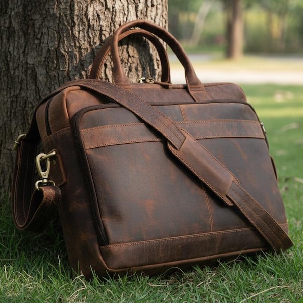 Handmade Full Grain Leather Briefcase Bag | Personalized Vintage Laptop Bag 15 Inch | Brown Leather Office Satchel | Gift for Him | HLC