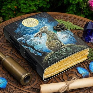 May include: A detailed, open journal with a rabbit and moon illustration, a brass telescope, amethyst crystals, and blue butterfly accents. The journal has a leather cover and aged paper. The items are arranged on a carved wooden table.