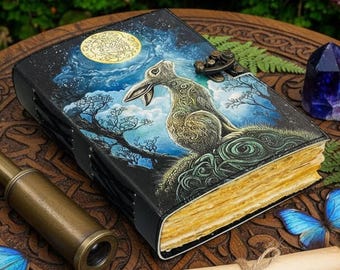 400 Pages Moon Gazing Hare Handmade Leather Journal | Pagan Grimoire Notebook | Celestial Spell Book of shadows | Halloween Gifts | HLC