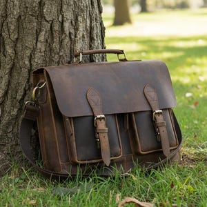Handmade Buffalo Leather Messenger Briefcase Bag for Men Vintage Laptop Shoulder Bag Office Work Satchel Brown Leather Bag - HLCLeatherCraft