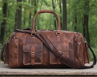 Handmade Vintage Leather Duffel Bag | Genuine Travel Weekender for Men | Rustic Overnight Bag | Luxury Gift for Him | HLCLeatherCraft