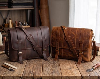 18" Inch Personalized Handmade Leather Messenger Bag For Men & Women | Vintage Buffalo Leather Office Satchel Shoulder Laptop Bag | HLC