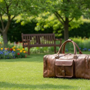 May include: A brown leather duffel bag featuring two top handles, a central front pocket with a buckle closure, and side zippered compartments. The rectangular bag has visible stitching along the seams and metal hardware accents on the handles.