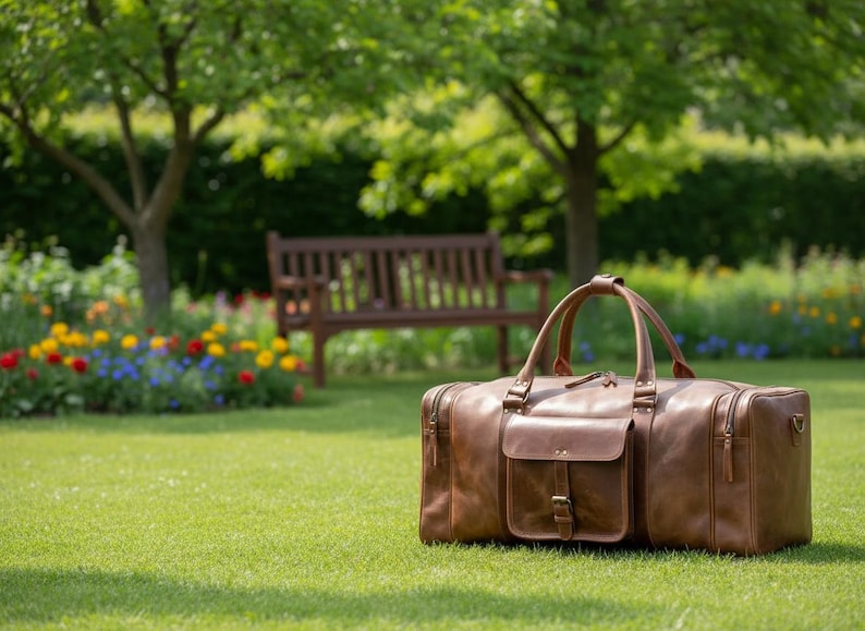 May include: A brown leather duffel bag featuring two top handles, a central front pocket with a buckle closure, and side zippered compartments. The rectangular bag has visible stitching along the seams and metal hardware accents on the handles.