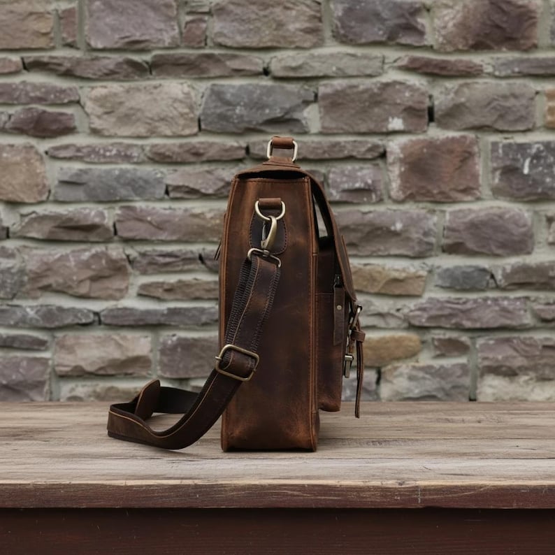 Handmade Buffalo Leather Messenger Briefcase Bag for Men Vintage Laptop Shoulder Bag Office Work Satchel Brown Leather Bag - HLCLeatherCraft image 8