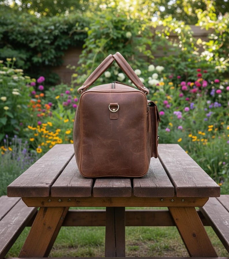 Handmade Buffalo Leather Duffel Bag for Men & Women | Genuine Leather Large Weekender Gym Overnight Rustic Travel Bag | HLCLeatherCraft image 5