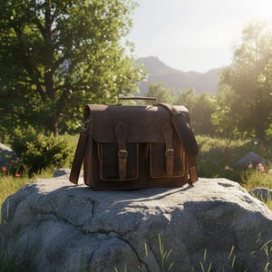 May include: A dark brown leather satchel featuring a top handle, an adjustable shoulder strap with a padded section, and two front pockets secured by vertical straps with metal buckles. The bag has a rectangular flap closure and brass hardware.