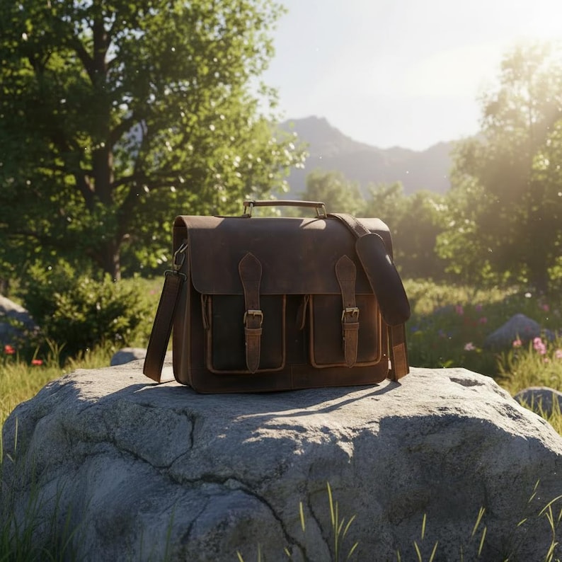 May include: A dark brown leather satchel featuring a top handle, an adjustable shoulder strap with a padded section, and two front pockets secured by vertical straps with metal buckles. The bag has a rectangular flap closure and brass hardware.