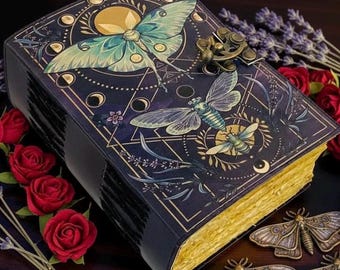 400 Page Luna Moth Leather Journal – Celestial Spell Book of Shadows | Moon Phase Grimoire | Witchy Handmade | Wiccan Gift for Him & Her