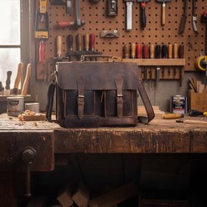 May include: A dark brown leather messenger bag featuring a top handle, an adjustable shoulder strap, and two front pockets secured with vertical leather straps and metal buckles. The bag has a rectangular flap closure and visible stitching details.