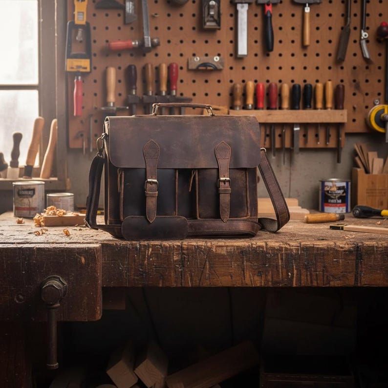 May include: A dark brown leather messenger bag featuring a top handle, an adjustable shoulder strap, and two front pockets secured with vertical leather straps and metal buckles. The bag has a rectangular flap closure and visible stitching details.