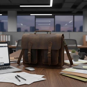 May include: A brown leather briefcase featuring a top handle, a shoulder strap, and two front pockets secured with vertical buckled straps. The bag has a rectangular shape with a flap closure and visible stitching along the edges of the leather.