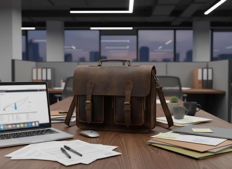 May include: A brown leather briefcase featuring a top handle, a shoulder strap, and two front pockets secured with vertical buckled straps. The bag has a rectangular shape with a flap closure and visible stitching along the edges of the leather.