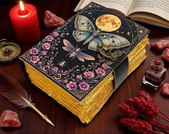 400 Page Floral Moon Moth Journal – Celestial Leather Grimoire | Handmade Book of Shadows | Witchy Garden Sketchbook | Full Moon Diary | HLC