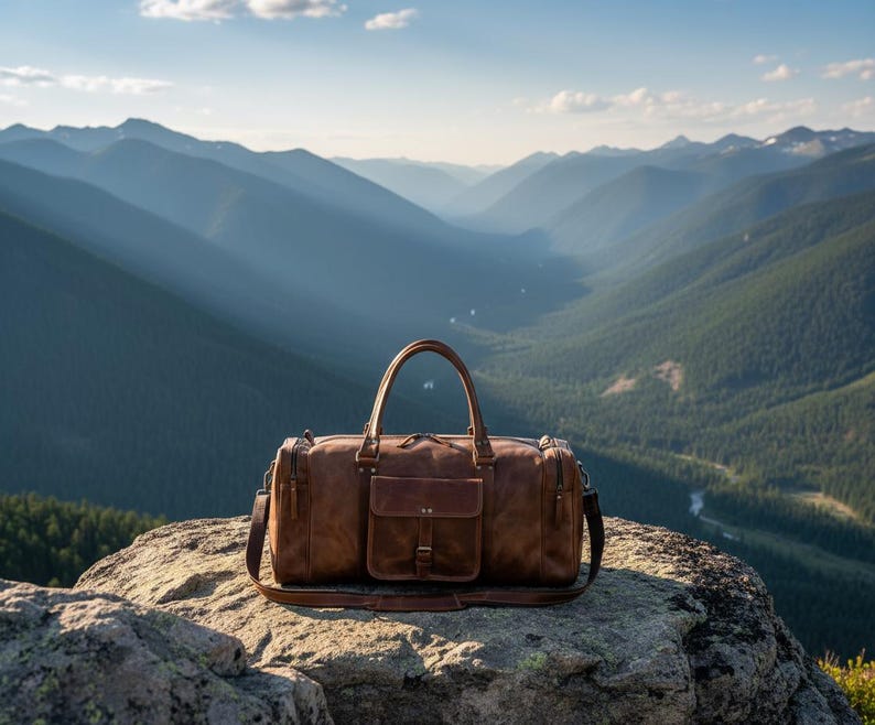 May include: A brown leather duffel bag featuring two top handles, a detachable shoulder strap, and a central front pocket with a buckle closure. The bag has a rectangular shape with side zippers and metal hardware accents on the handle attachments.