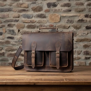 Handmade Buffalo Leather Messenger Briefcase Bag for Men Vintage Laptop Shoulder Bag Office Work Satchel Brown Leather Bag - HLCLeatherCraft image 5