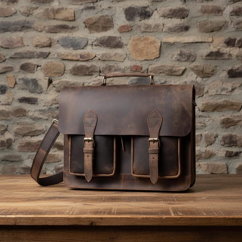 Handmade Buffalo Leather Messenger Briefcase Bag for Men Vintage Laptop Shoulder Bag Office Work Satchel Brown Leather Bag - HLCLeatherCraft image 5