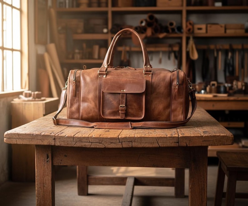 May include: A brown leather duffel bag featuring two top handles, a detachable shoulder strap, and a central exterior pocket with a buckle closure. The bag has side zippers and metal hardware, showcasing a smooth, matte finish throughout the design.