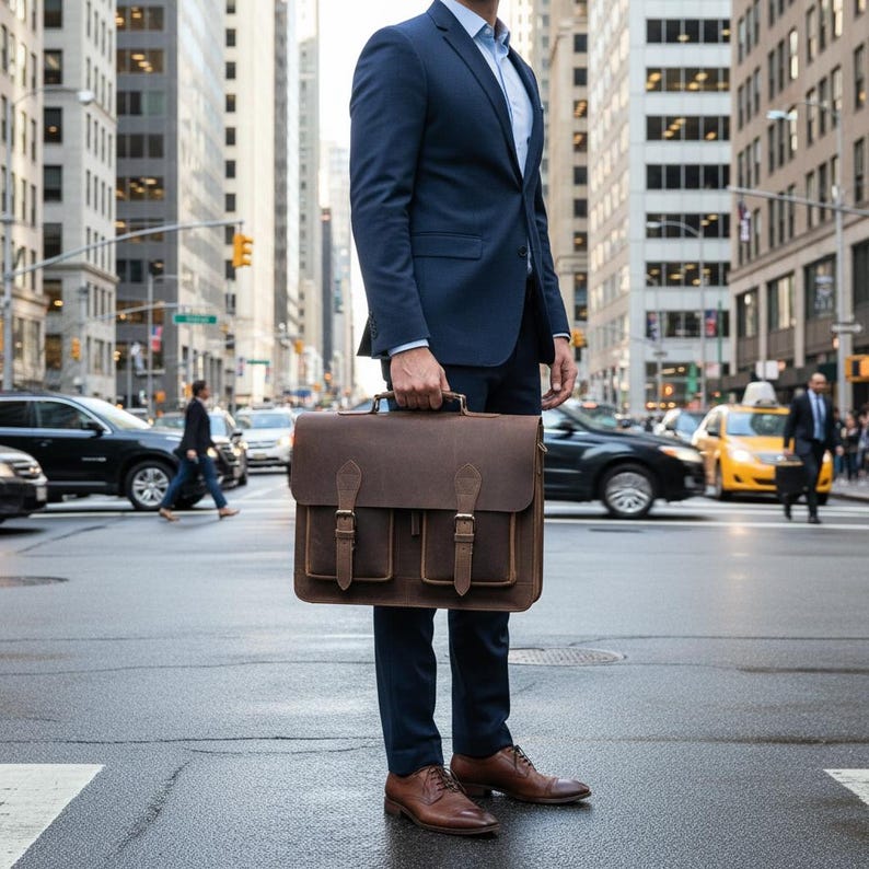 May include: A brown leather briefcase featuring a rectangular shape, a top handle, and two front pockets secured with vertical straps and metal buckles. The bag has a smooth, matte finish and is held at the side, showcasing its structured design.
