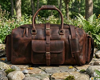 Personalized Vintage Buffalo Leather Duffel Bag for Men & Women | Handmade Premium Top Grain Leather Travel Weekender Gym Bag | HLC