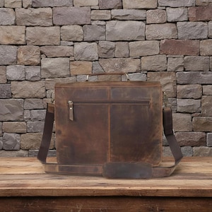 Handmade Buffalo Leather Messenger Briefcase Bag for Men Vintage Laptop Shoulder Bag Office Work Satchel Brown Leather Bag - HLCLeatherCraft image 6