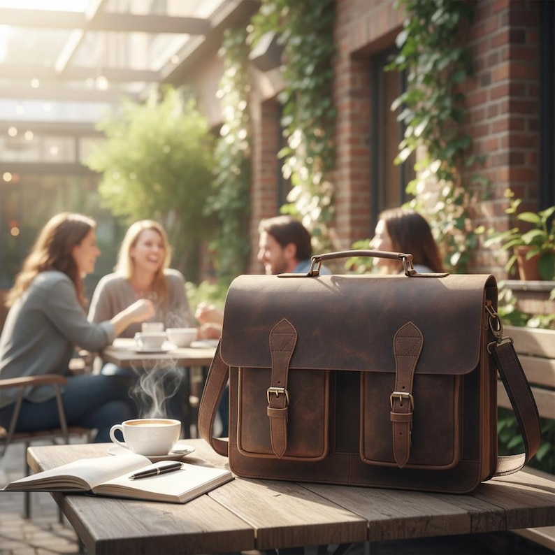 May include: A dark brown leather satchel with a top handle, an adjustable shoulder strap, and two front pockets secured by vertical leather straps with metal buckles. The bag sits on a wooden table next to an open notebook and a white coffee cup.
