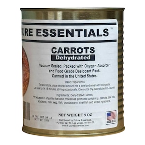 Dehydrated Carrots: 25-Year Shelf Life Survival Food in Steel Can