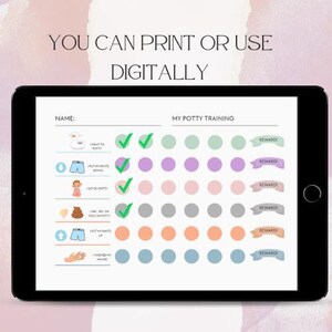 May include: A digital potty training chart displayed on a black tablet. The chart includes sections for tracking progress with checkmarks, reward ribbons, and the text "YOU CAN PRINT OR USE DIGITALLY."