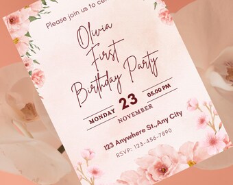Floral First Birthday Invitation, Editable Flower Birthday Party Invite, Girl 1st Birthday Printable Canva Template