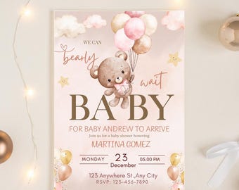 Editable Bear Baby Shower Invitation, We Can Bearly Wait Teddy Bear Balloon Invite, Gender Neutral Boho Brown Bear Canva Template
