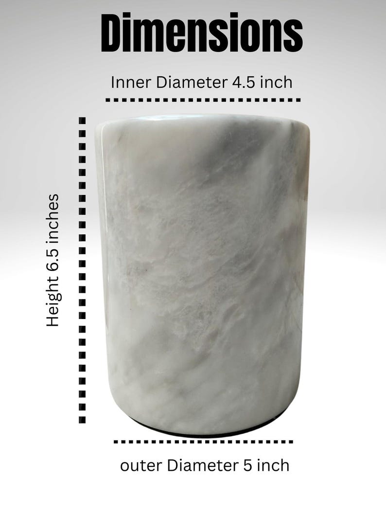 May include: A cylindrical, marble-like container with a height of 6.5 inches, an inner diameter of 4.5 inches, and an outer diameter of 5 inches. The surface has a swirling, gray and white pattern. The word "Dimensions" is at the top.