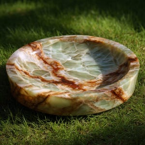May include: A circular bowl carved from polished green and brown onyx stone. The surface features a smooth, glossy finish with natural veining patterns in shades of pale mint green, deep amber, and dark brown, creating a marbled appearance.