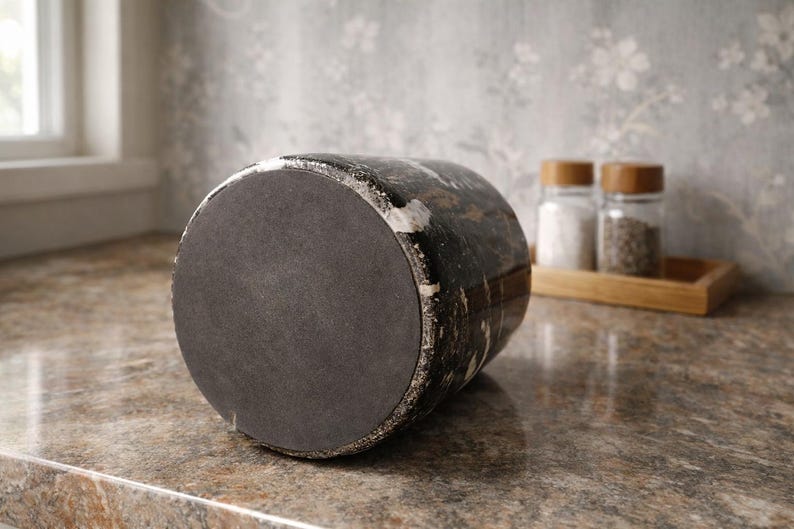 May include: A dark, cylindrical object with a textured, distressed finish, possibly a decorative container or vase. The base is a dark gray, circular shape. The background includes a tray with salt and pepper shakers.