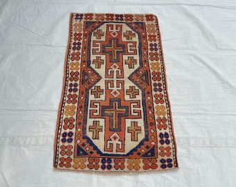 2x4 ft Hand Knotted Mid Century Afghan Wool Rug, Nomadic Geometric Wall Hanging Accent Rug, Antique Table Top Boho Rug, Small Turkish Rug