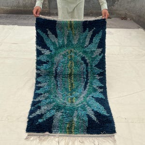 May include: A rectangular rug with a central design in shades of teal, blue, and green. The rug has a dark blue border and a fringe along the bottom edge. The design features a central oval shape with radiating patterns.