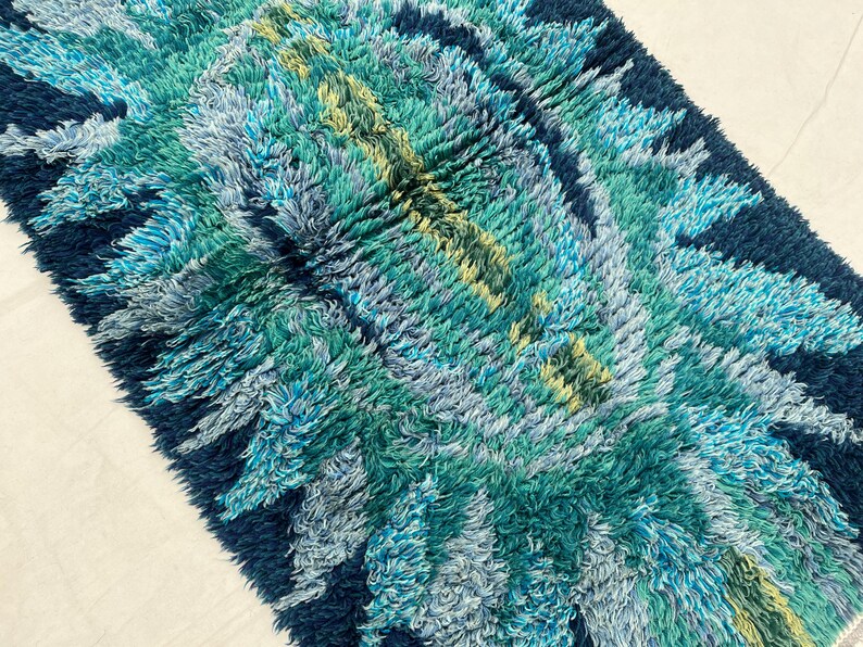 May include: A rectangular rug with a shaggy texture, featuring a vibrant color palette of blues, greens, and a touch of yellow. The rug's design incorporates a layered pattern, creating a textured and visually appealing surface. The rug is suitable for home decor.