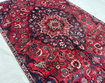 5x9 ft Blue Red Floral Vintage Rug - Handwoven Persian Style Organic Wool Low Pile Rug - Turkish Style Hand Knotted Area Rug - Oriental Rug