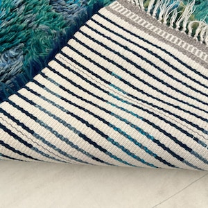 May include: A close-up of a blue and teal rug with a striped underside. The rug's top has a shaggy texture with varying shades of blue and teal. The underside features a white base with navy, teal, and gray stripes. The edge has a gray border and white fringe.