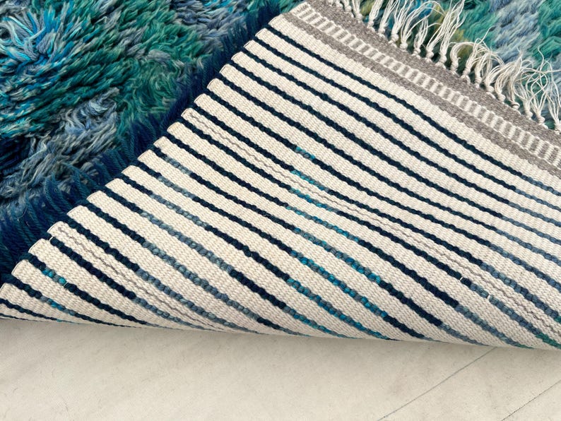 May include: A close-up of a blue and teal rug with a striped underside. The rug's top has a shaggy texture with varying shades of blue and teal. The underside features a white base with navy, teal, and gray stripes. The edge has a gray border and white fringe.