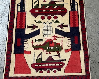 2x2'7 ft Hand Knotted Beige Afghan Wool War Rug - Red Kalashnikov Tanks Planes Depicting War Rug - Bohemian Decor Wall Hanging Colorful Rug