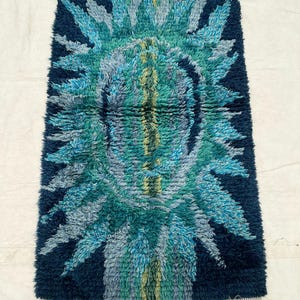 May include: A rectangular, shaggy rug with a vibrant, abstract design. The rug features a dark navy blue background with a central pattern in shades of teal, turquoise, and light blue. The edges have a fringe.