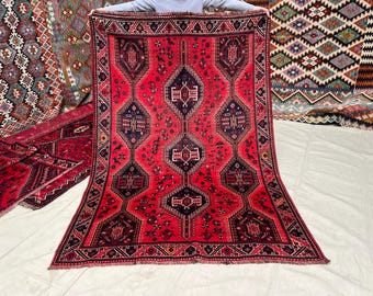 Alfombra persa colorida de 1,5 x 2,4 m, alfombra Shirazi tejida a mano para mesa de comedor, alfombra tribal roja antigua, alfombra con imágenes de animales para habitación infantil, alfombra tradicional