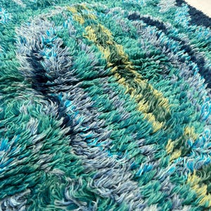 May include: Close-up of a textured rug with a shaggy pile. The rug features a blend of blue, teal, and yellow-green hues, creating a vibrant, abstract pattern. The design has a soft, plush appearance.