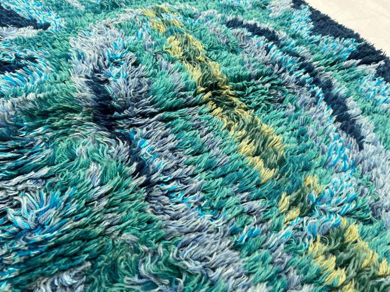 May include: Close-up of a textured rug with a shaggy pile. The rug features a blend of blue, teal, and yellow-green hues, creating a vibrant, abstract pattern. The design has a soft, plush appearance.
